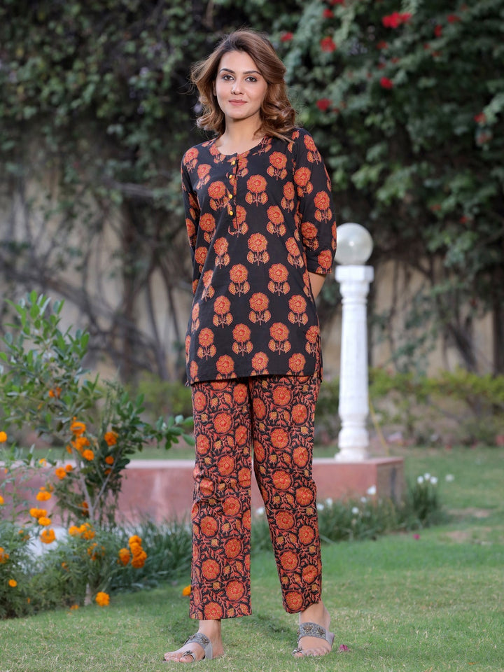 Black & Orange Cotton Floral Print Lounge Wear