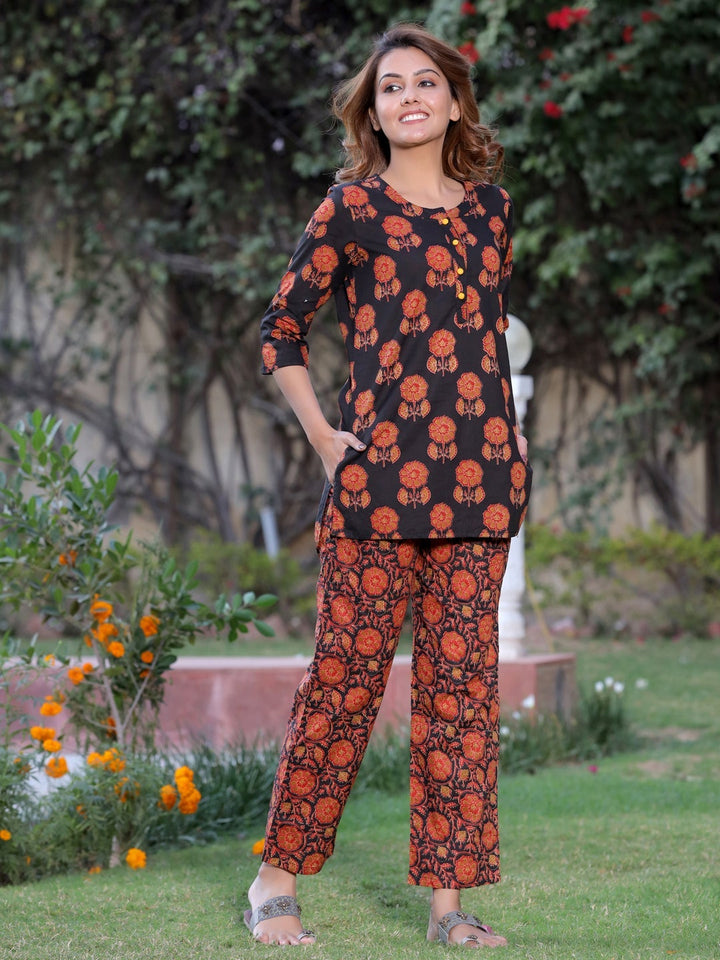 Black & Orange Cotton Floral Print Lounge Wear