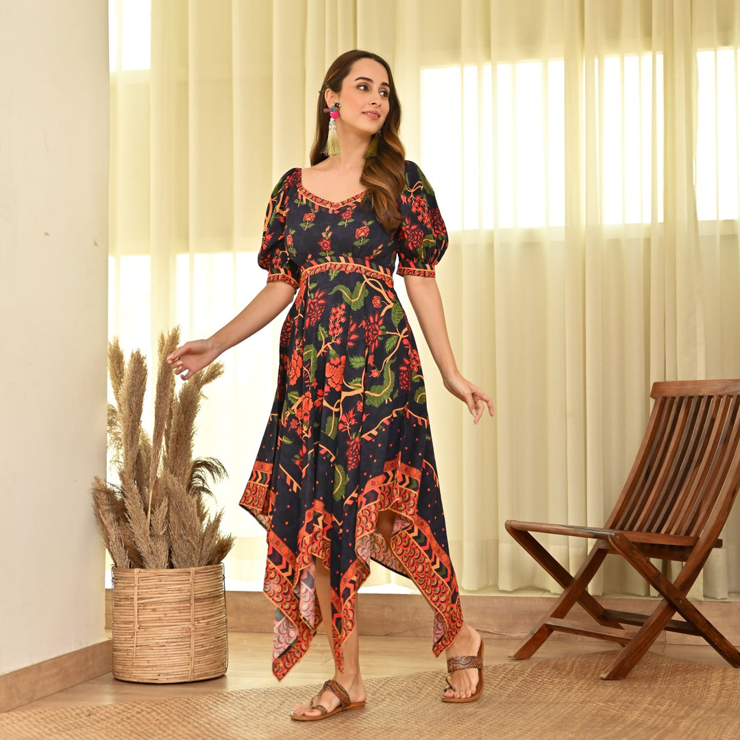 Navy Blue Handkerchief Dress With Puff Sleeves