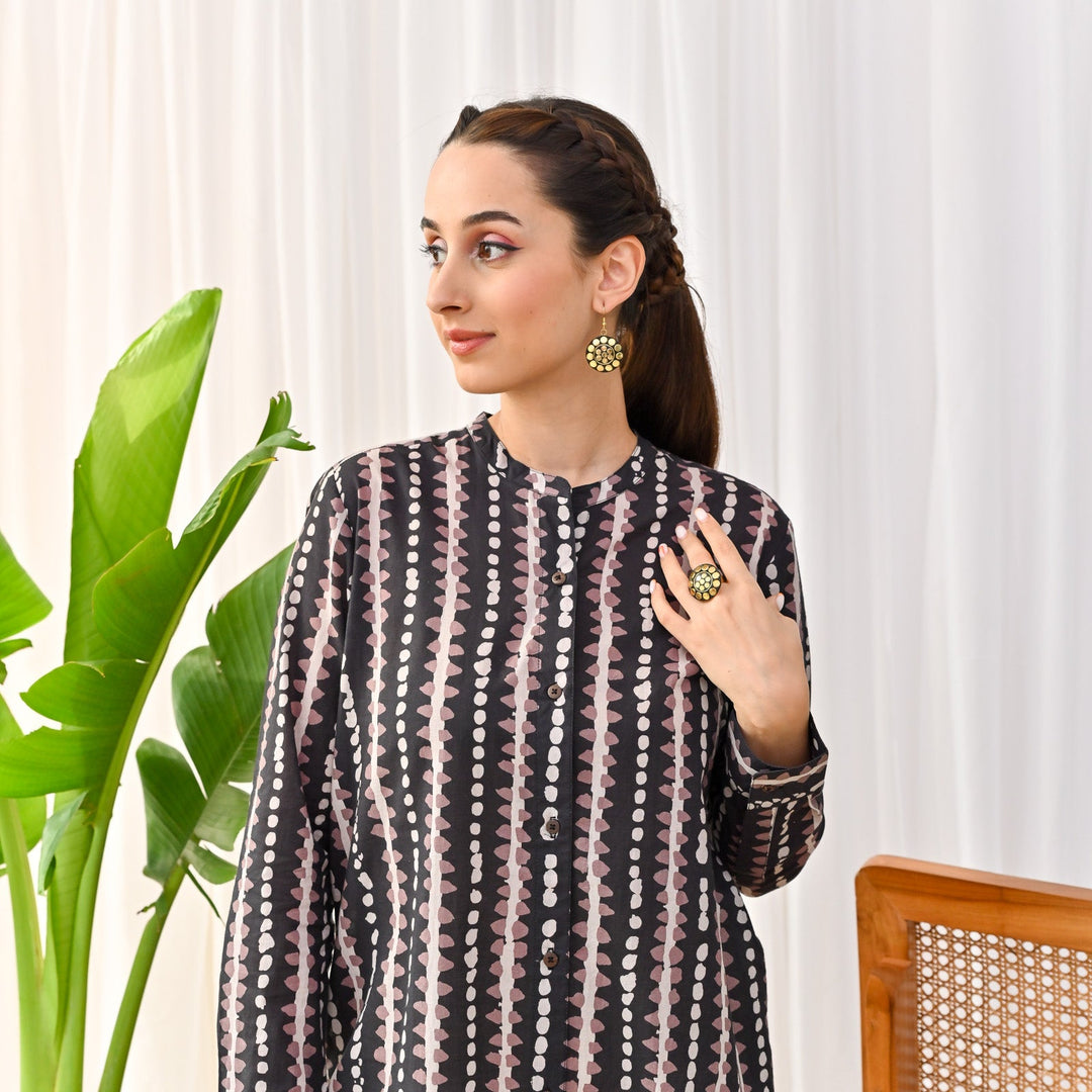 Black Cotton Stone Printed Ethnic Shirt