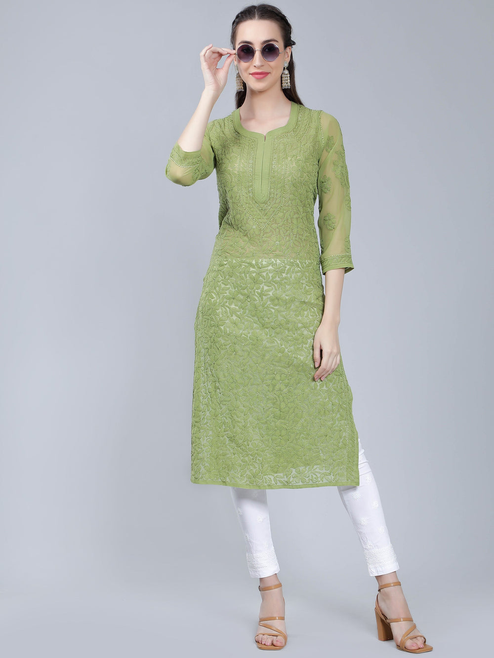 Sage-Green-Georgette-Chikankari-Kurta