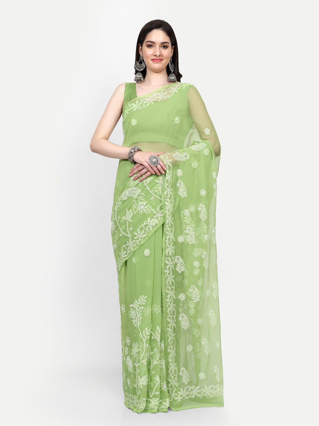 Green Poly Georgette Embroidered Chikankari Saree