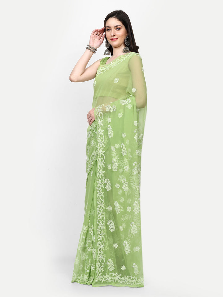 Green Poly Georgette Embroidered Chikankari Saree