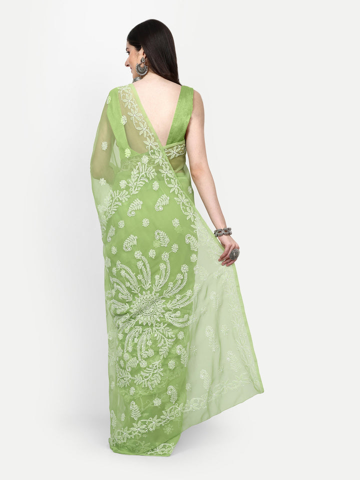 Green Poly Georgette Embroidered Chikankari Saree