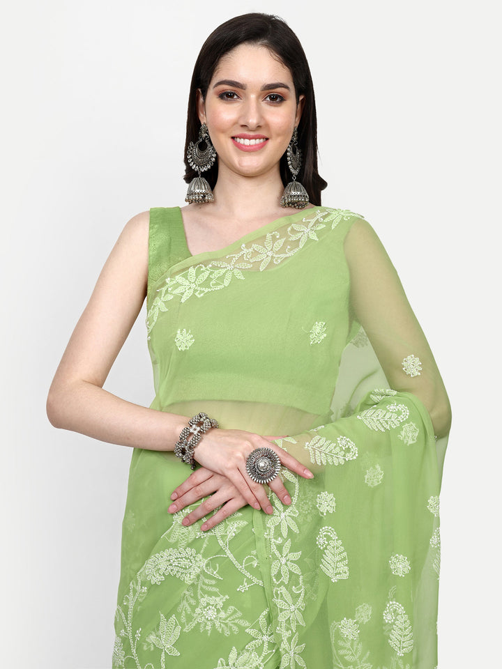 Green Poly Georgette Embroidered Chikankari Saree