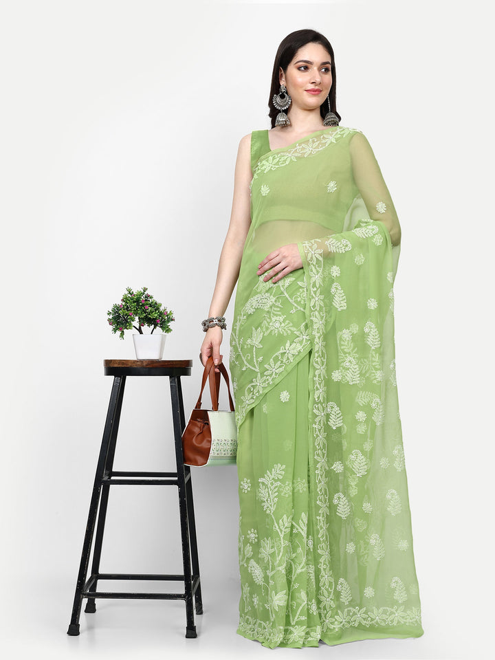 Green Poly Georgette Embroidered Chikankari Saree