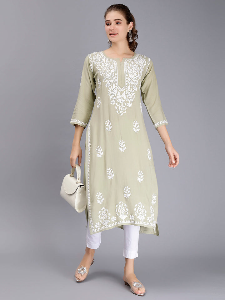 Sage Green Rayon Handwoven Chikankari Kurti