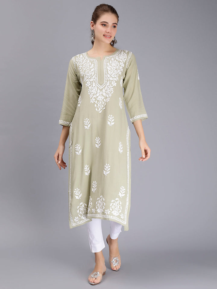 Sage Green Rayon Handwoven Chikankari Kurti