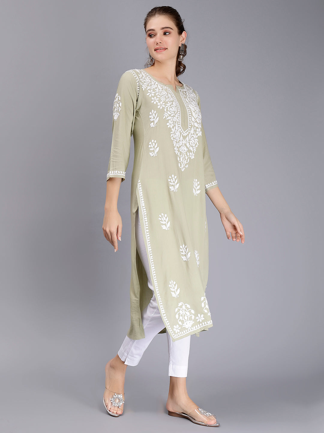 Sage Green Rayon Handwoven Chikankari Kurti