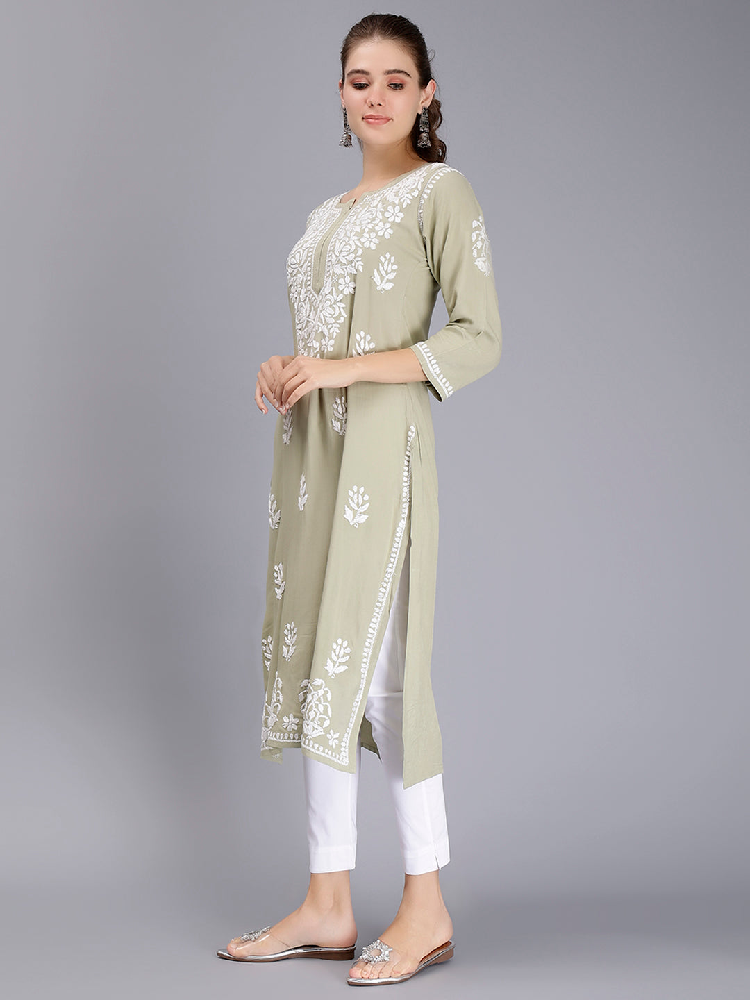 Sage Green Rayon Handwoven Chikankari Kurti