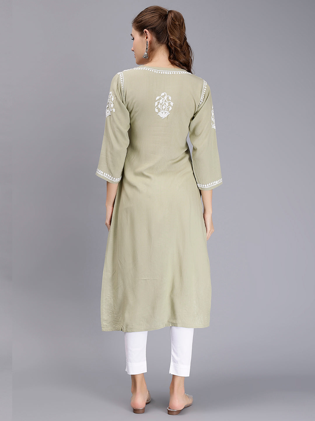 Sage Green Rayon Handwoven Chikankari Kurti