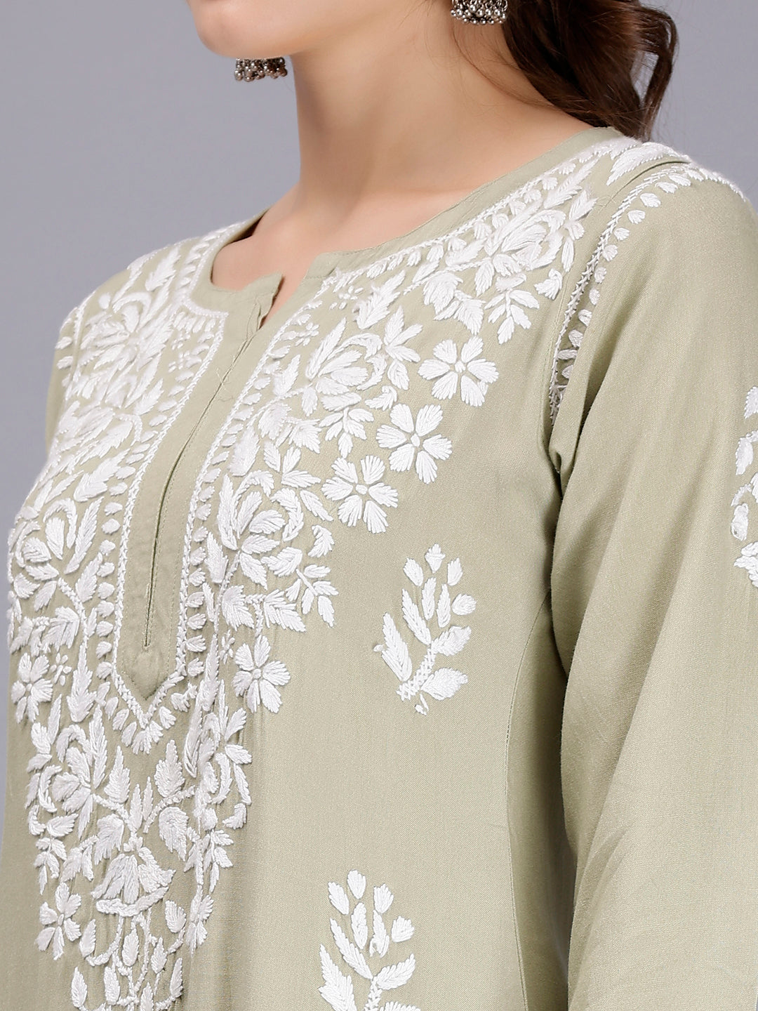 Sage Green Rayon Handwoven Chikankari Kurti