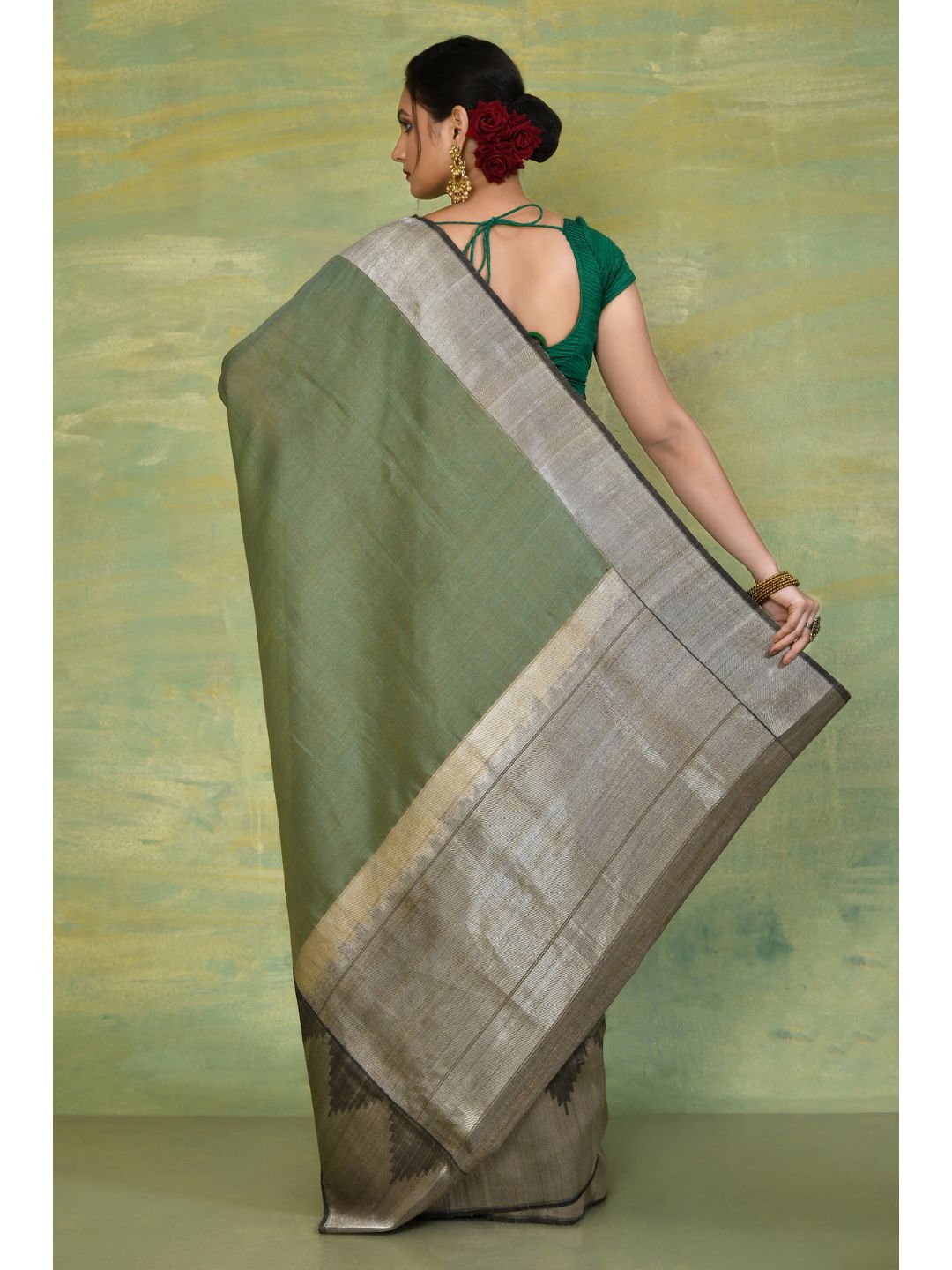 Sap Green & Grey Tussar Silk Banarasi Saree