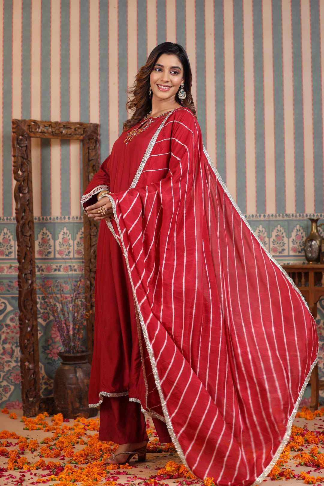 Scarlet Maroon Handwork Muslin Suit Set