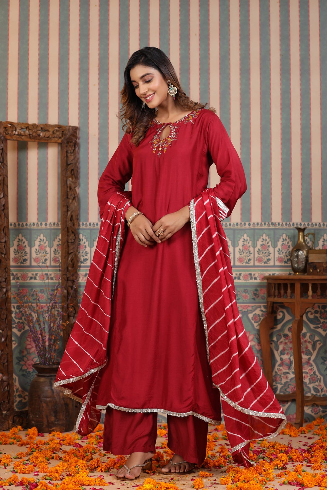 Scarlet Maroon Handwork Muslin Suit Set