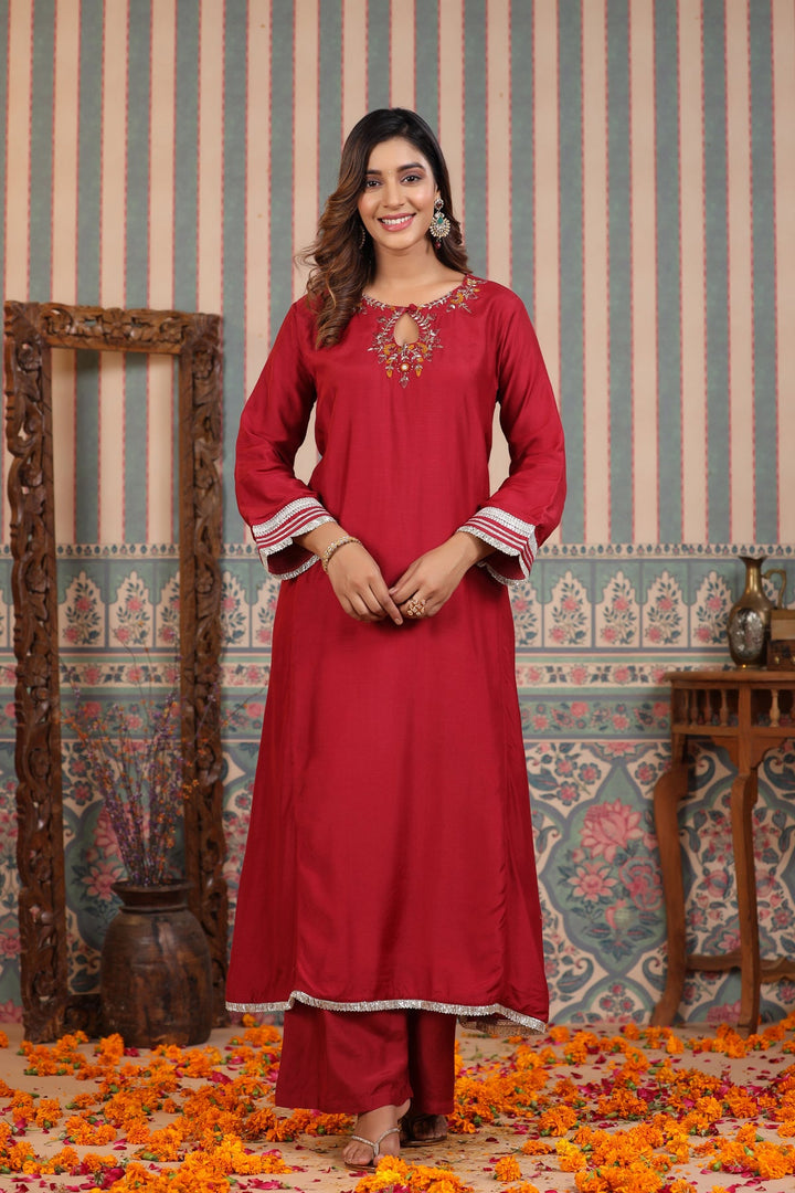 Scarlet Maroon Handwork Muslin Suit Set