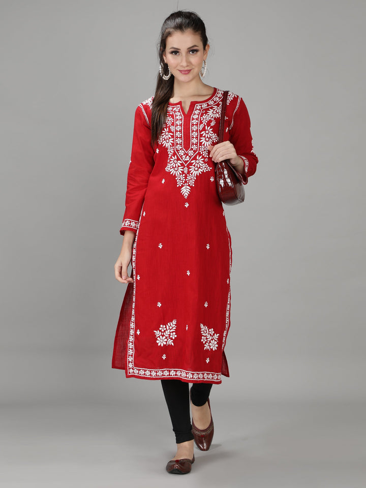 Scarlet Red Cotton Straight Chikankari Kurta