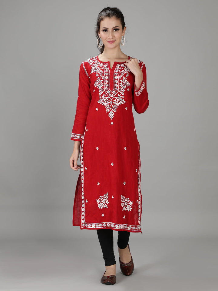 Scarlet Red Cotton Straight Chikankari Kurta