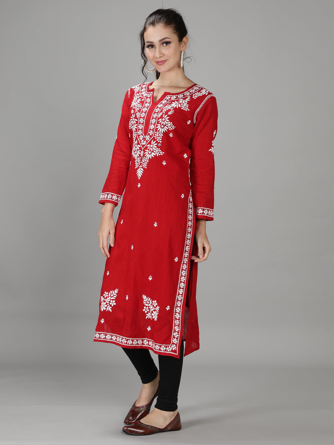 Scarlet Red Cotton Straight Chikankari Kurta