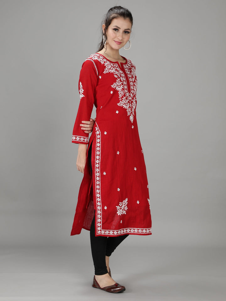 Scarlet Red Cotton Straight Chikankari Kurta