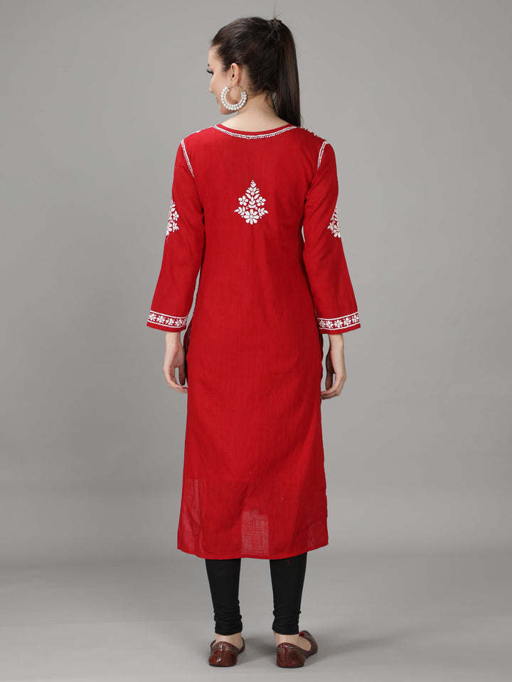 Scarlet Red Cotton Straight Chikankari Kurta