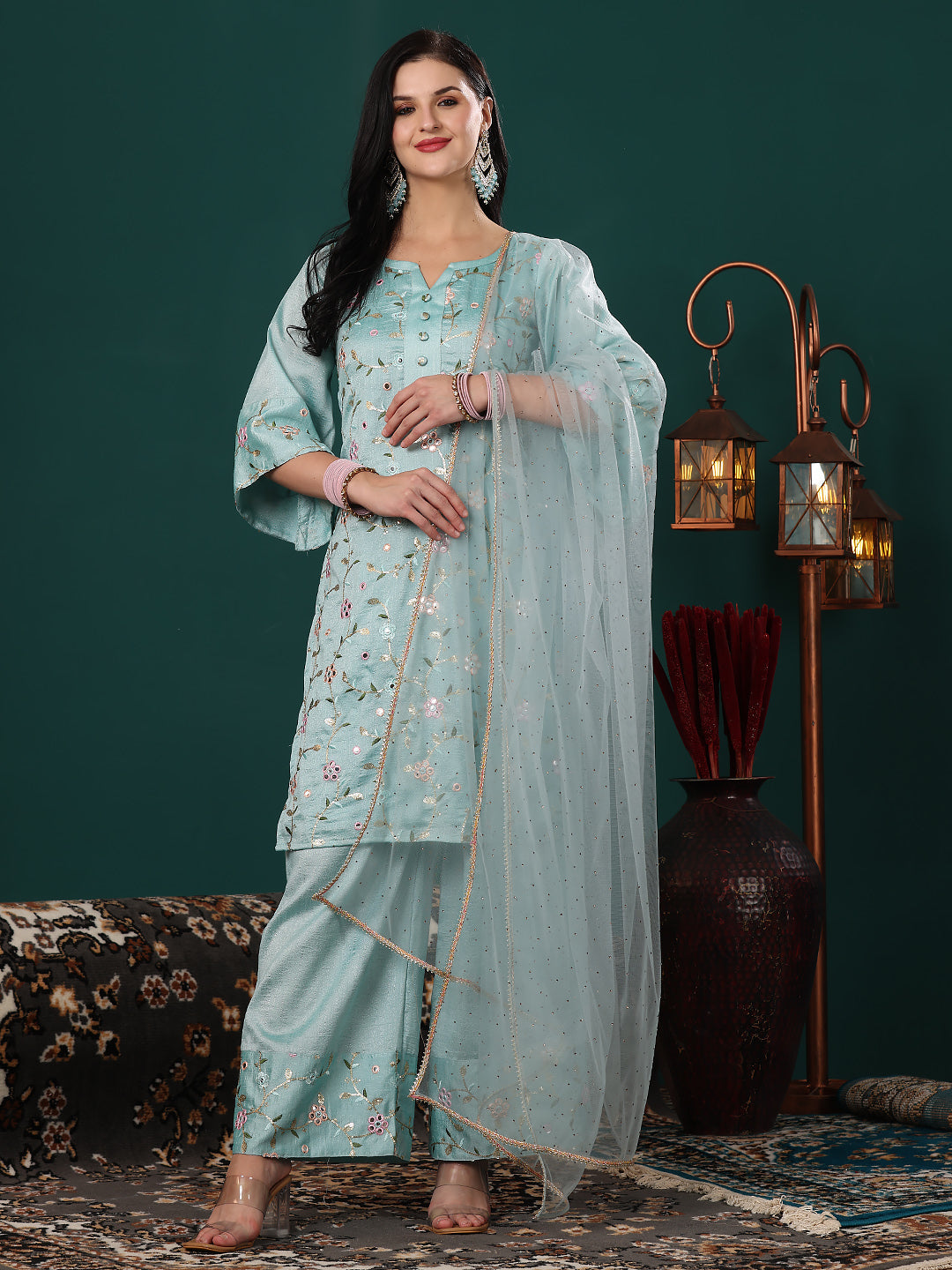 Sea-Green-Art-Silk-Embroidered-Straight-Suit