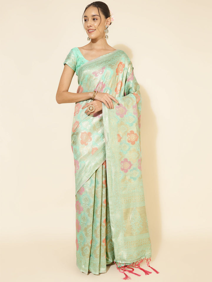 Sea Green Chanderi Silk Ethnic Motif Woven Festive Saree