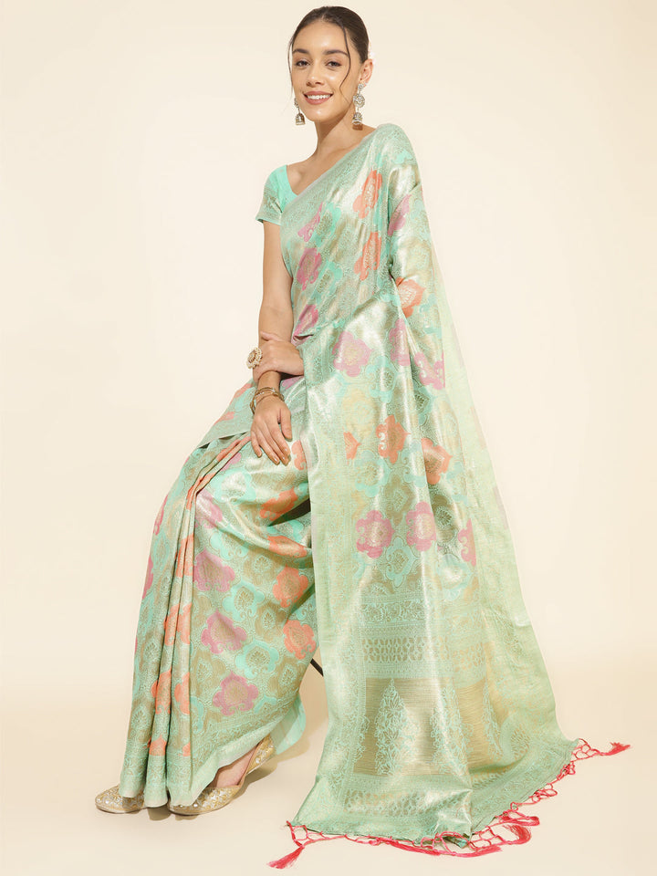 Sea Green Chanderi Silk Ethnic Motif Woven Festive Saree