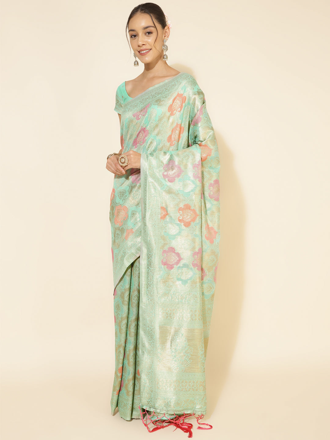 Sea Green Chanderi Silk Ethnic Motif Woven Festive Saree