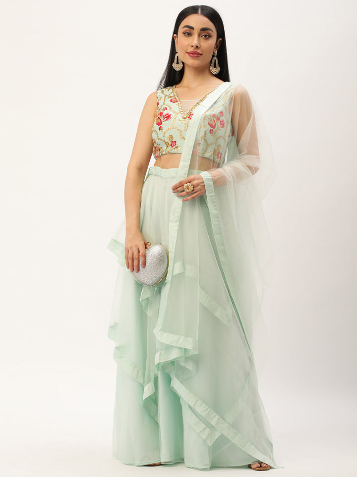 Sea Green Chinon & Net Tiered Lehenga Set
