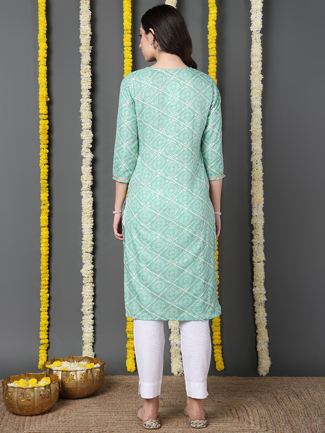 Sea Green Cotton Blend Bandhani Printed Straight Kurta