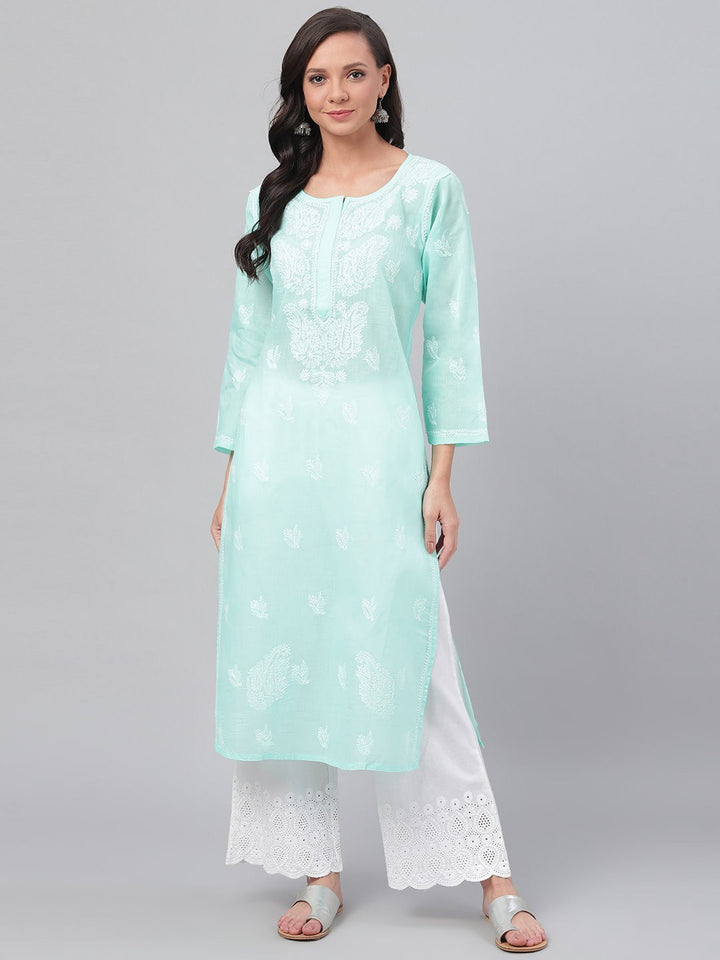 Sea Green Cotton Chikan Straight Long Kurti