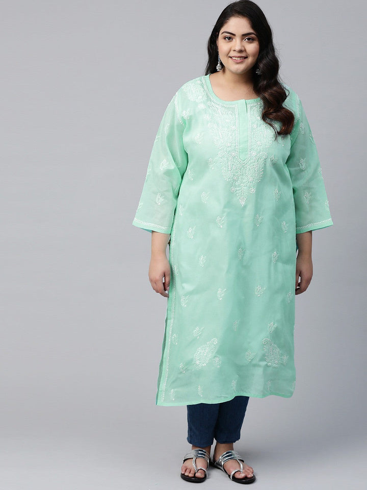Sea Green Cotton Chikan Straight Long Kurti