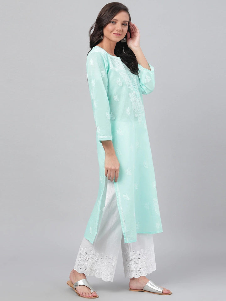 Sea Green Cotton Chikan Straight Long Kurti