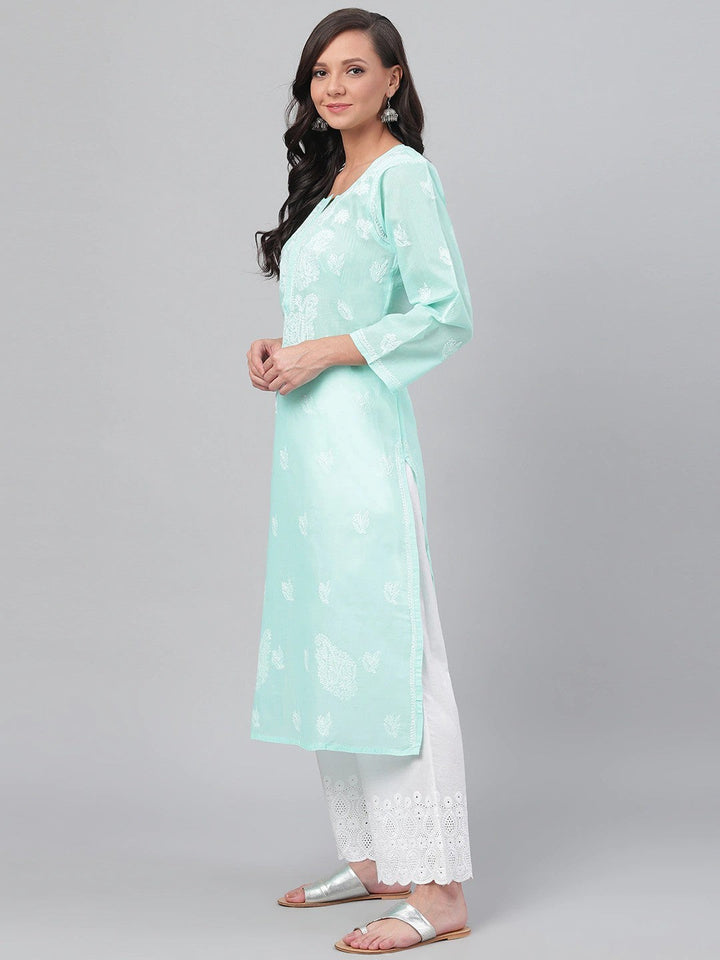 Sea Green Cotton Chikan Straight Long Kurti