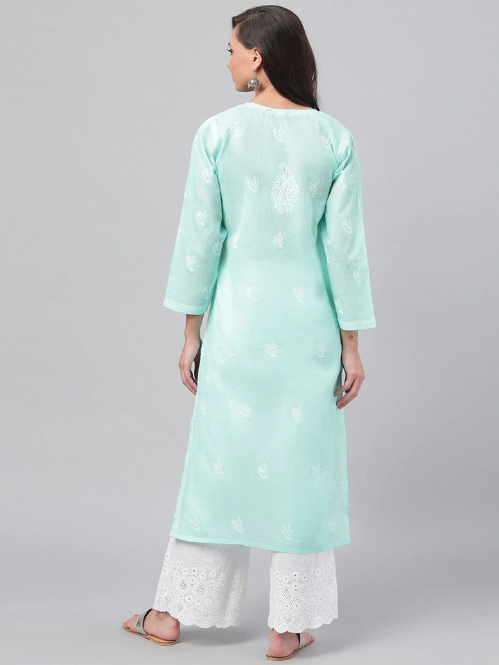 Sea Green Cotton Chikan Straight Long Kurti