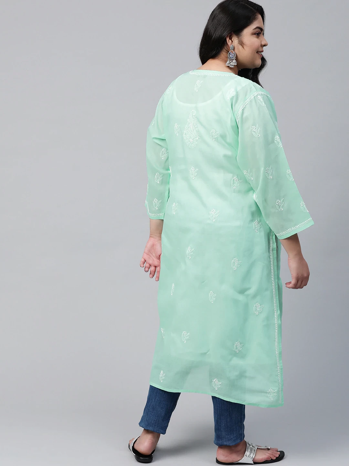 Sea Green Cotton Chikan Straight Long Kurti