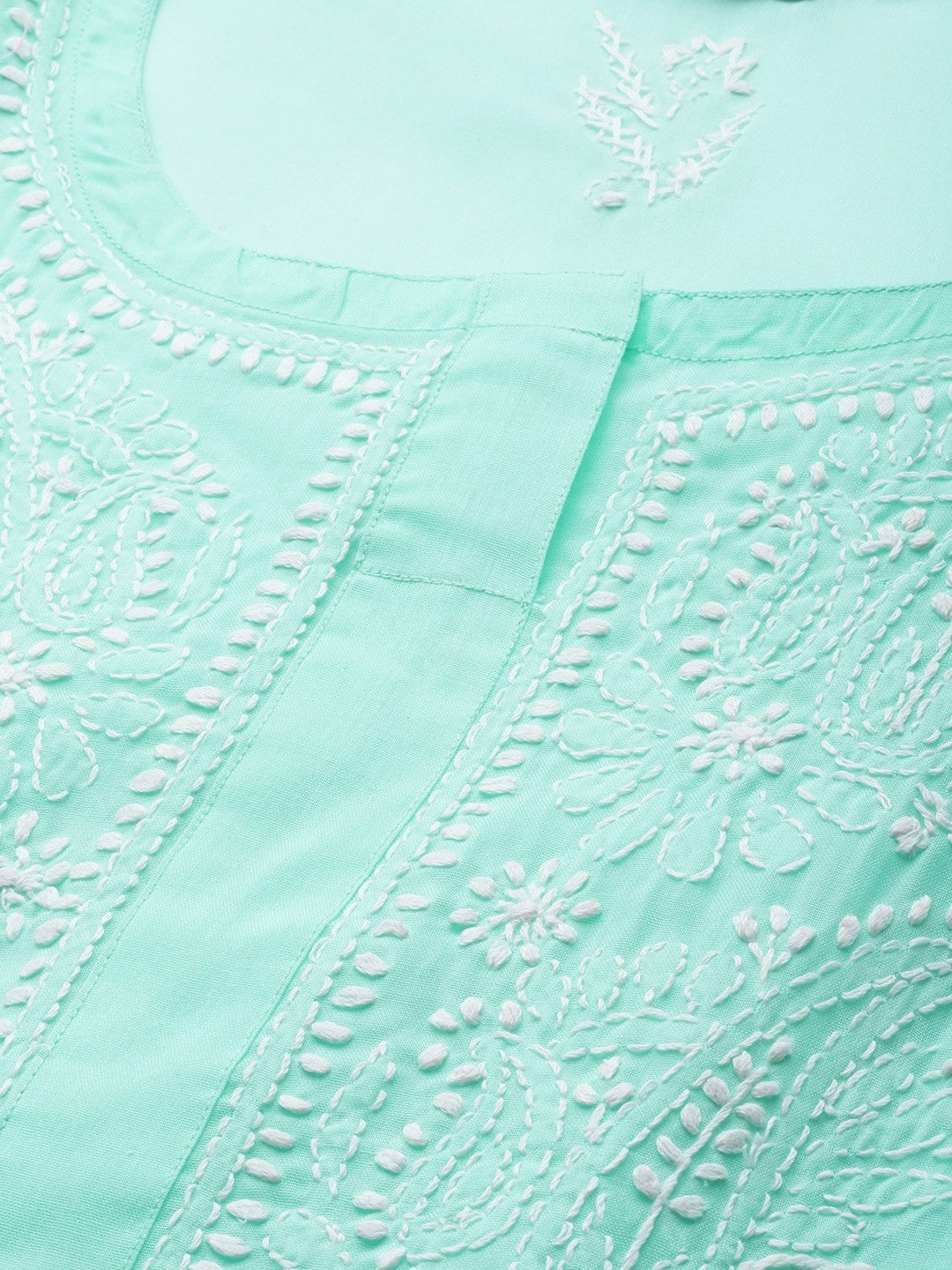 Sea Green Cotton Chikan Straight Long Kurti