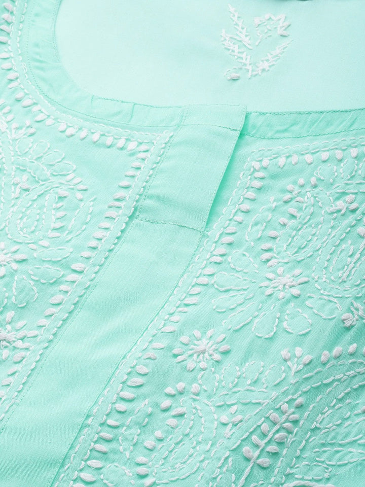 Sea Green Cotton Chikan Straight Long Kurti