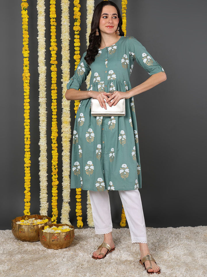 Sea Green Cotton Ethnic Motifs Printed A-Line Kurta