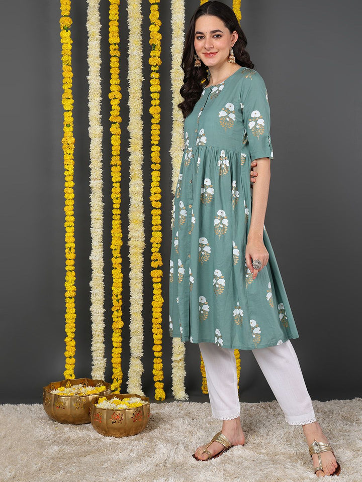 Sea Green Cotton Ethnic Motifs Printed A-Line Kurta