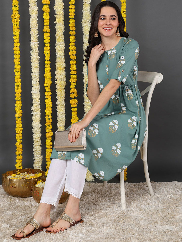 Sea Green Cotton Ethnic Motifs Printed A-Line Kurta