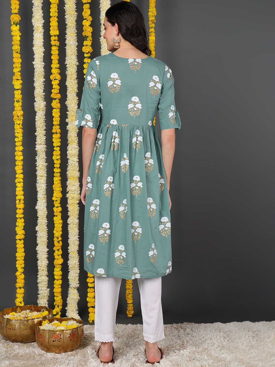 Sea Green Cotton Ethnic Motifs Printed A-Line Kurta