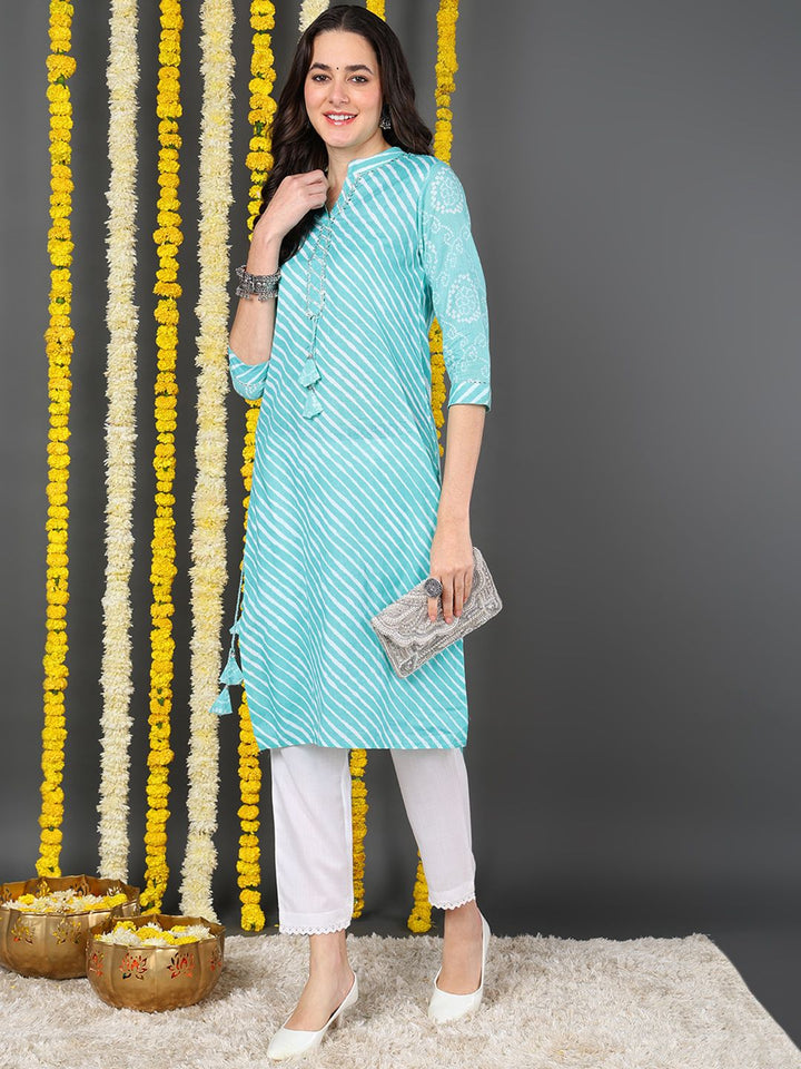 Sea Green Cotton Leheriya Printed Straight Kurta