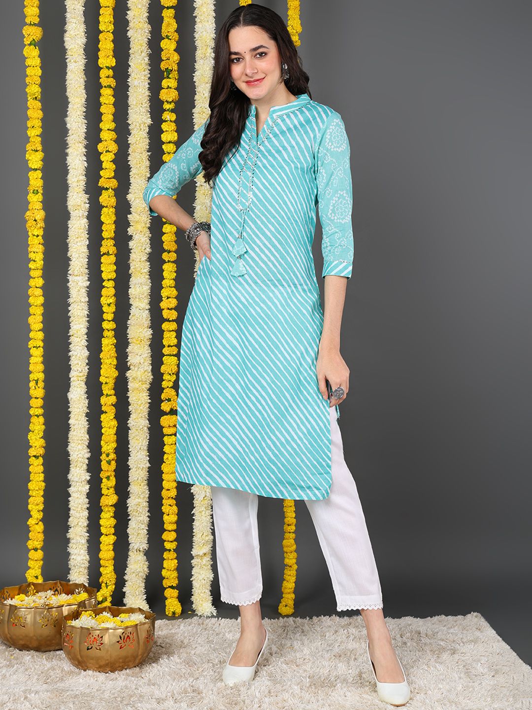 Sea Green Cotton Leheriya Printed Straight Kurta