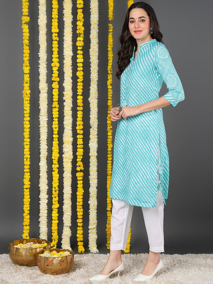 Sea Green Cotton Leheriya Printed Straight Kurta