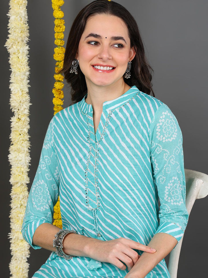 Sea Green Cotton Leheriya Printed Straight Kurta