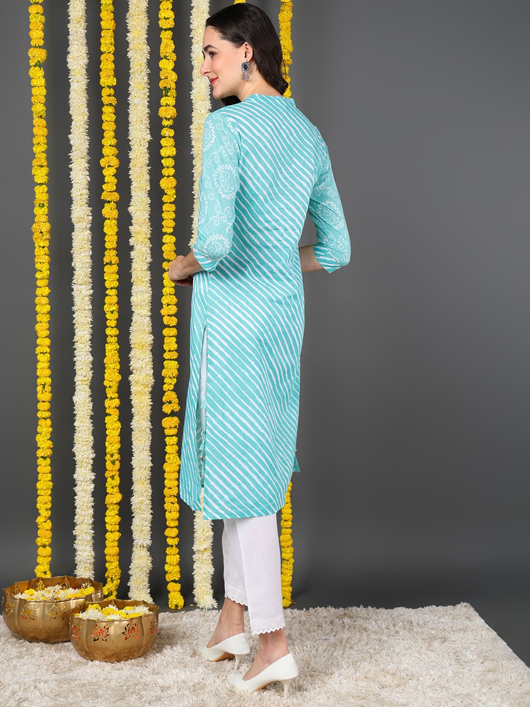 Sea Green Cotton Leheriya Printed Straight Kurta