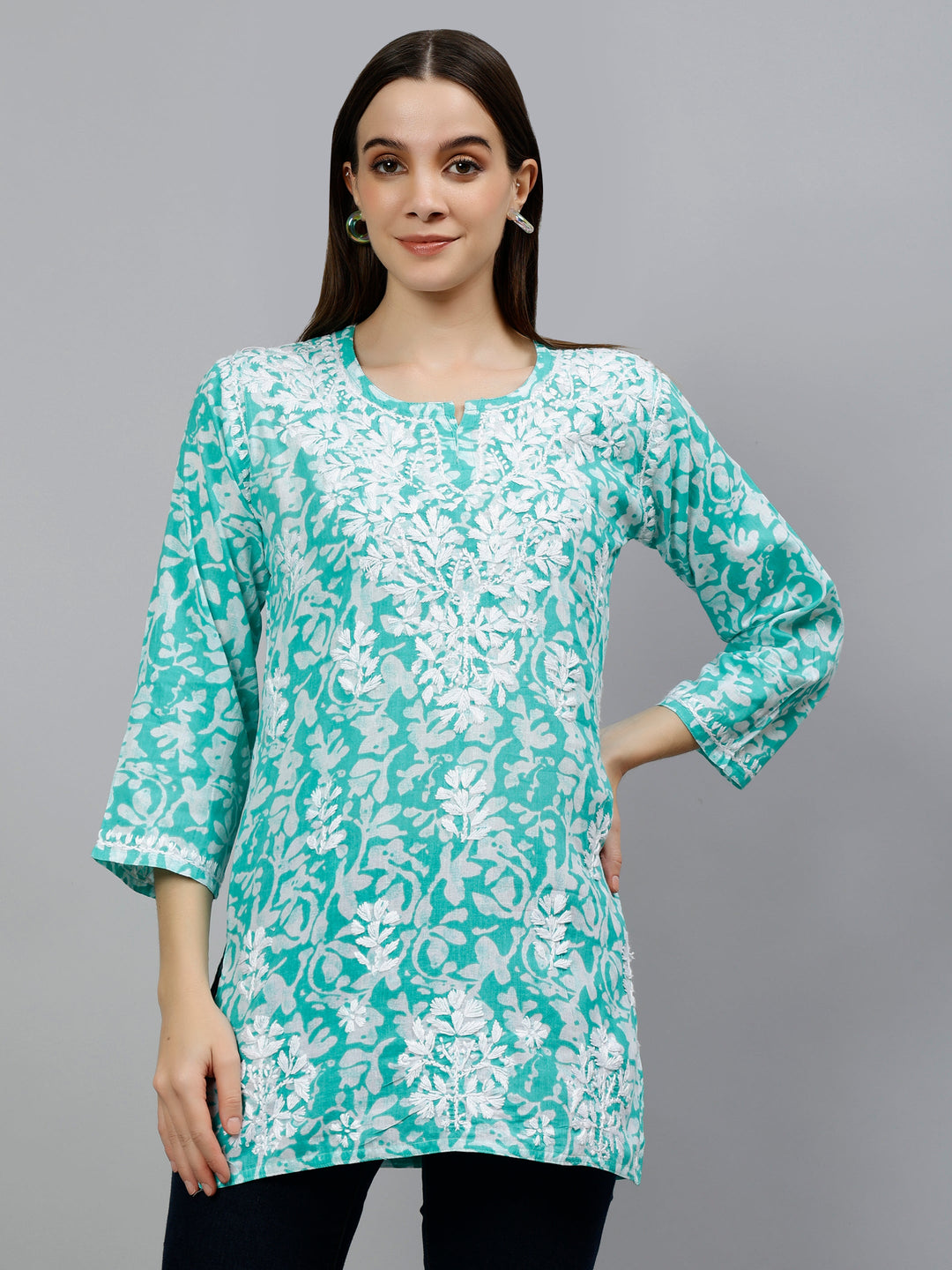 Sea Green Cotton Lucknowi Chikankari Women's Short Tunic