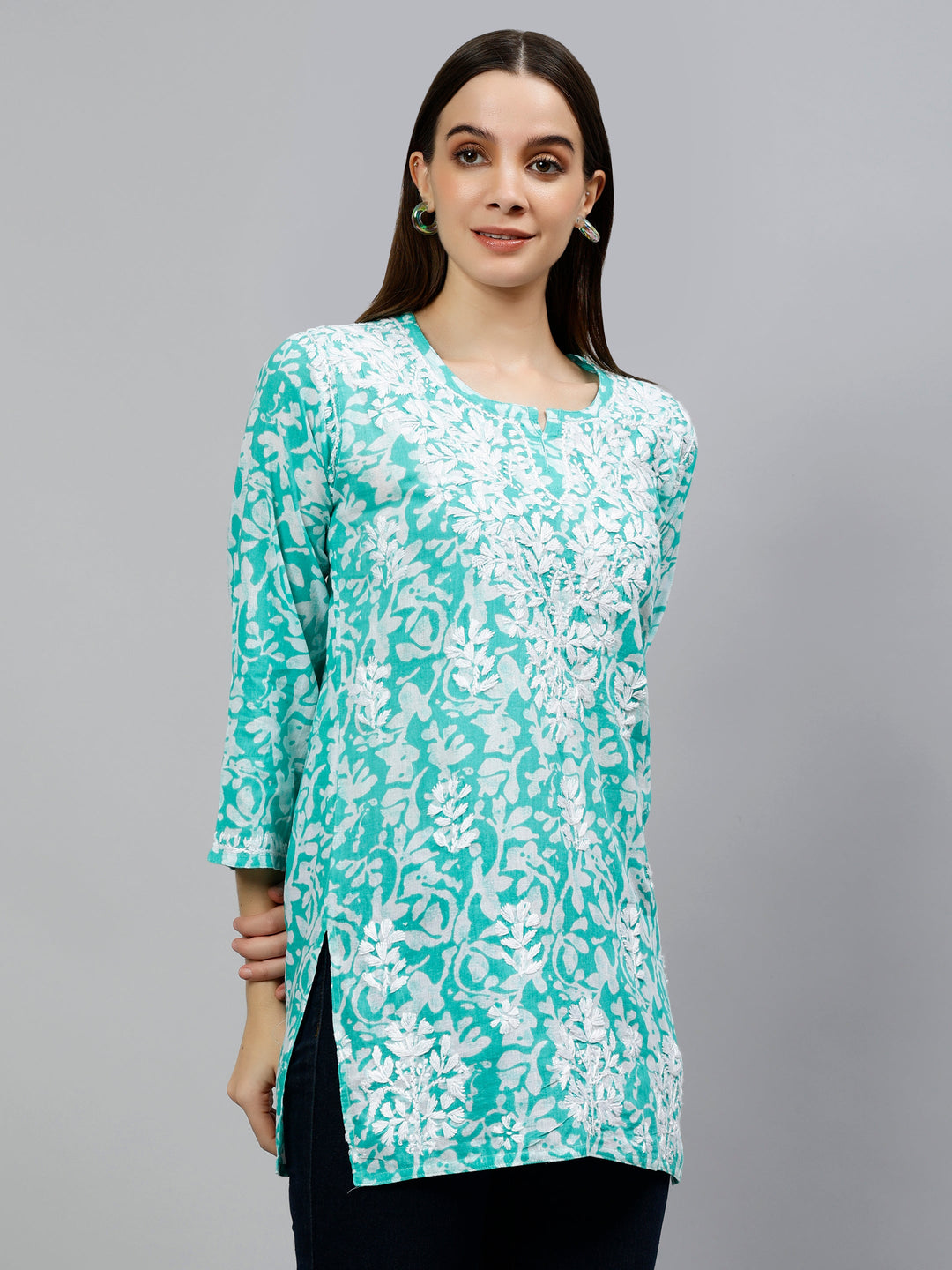 Sea Green Cotton Lucknowi Chikankari Women's Short Tunic